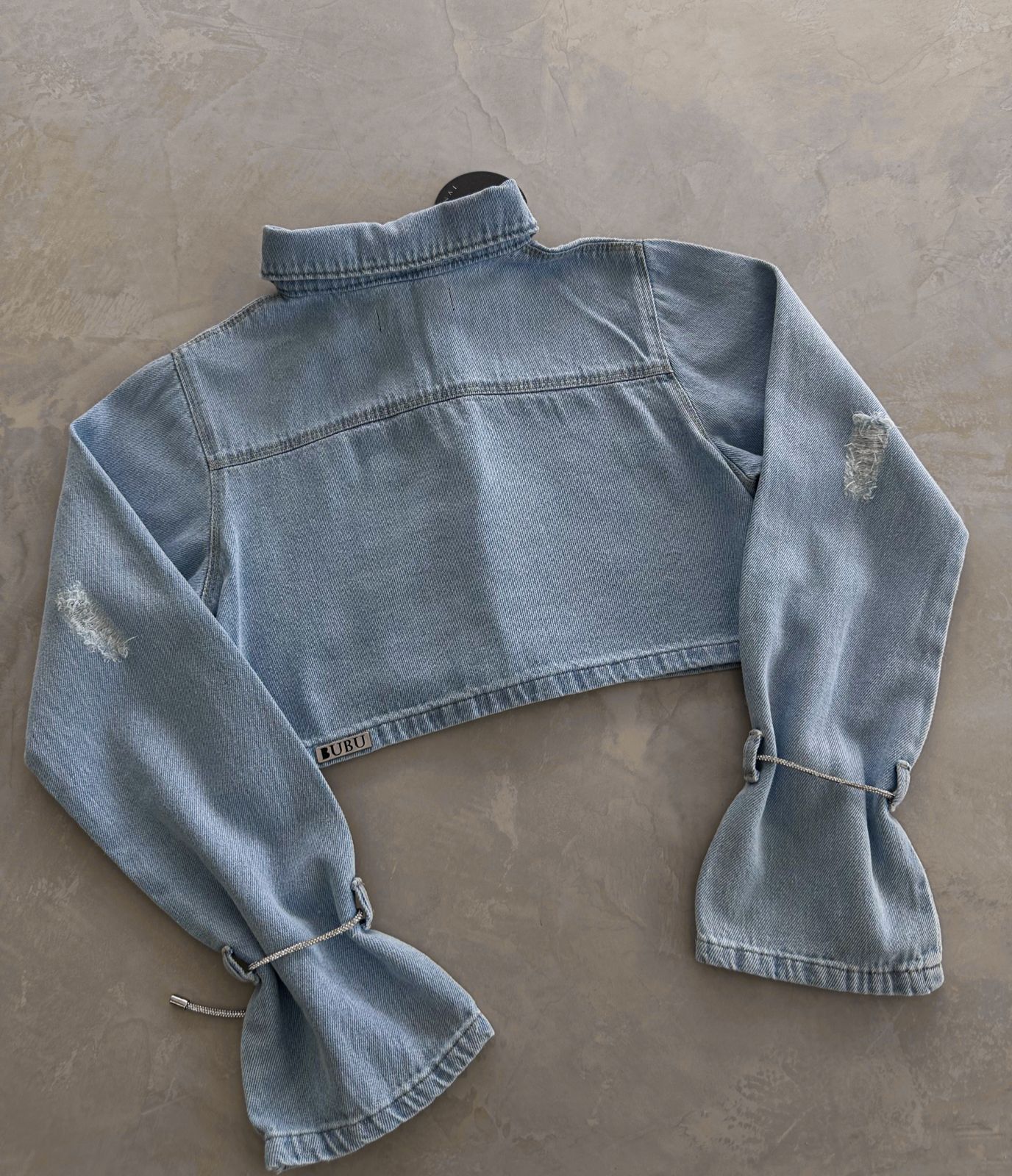 MYBUBU JAQUETA JEANS COM STRASS E CORDO