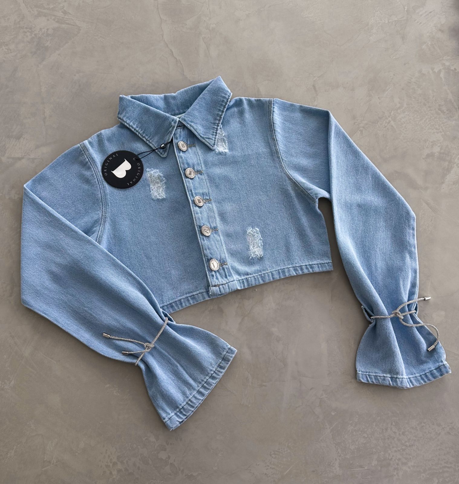 MYBUBU JAQUETA JEANS COM STRASS E CORDO