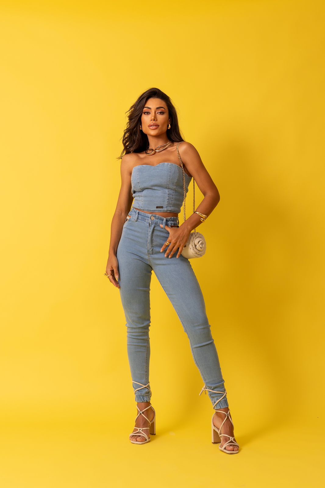 MYBUBU CONJUNTO JEANS ILHS STRASS