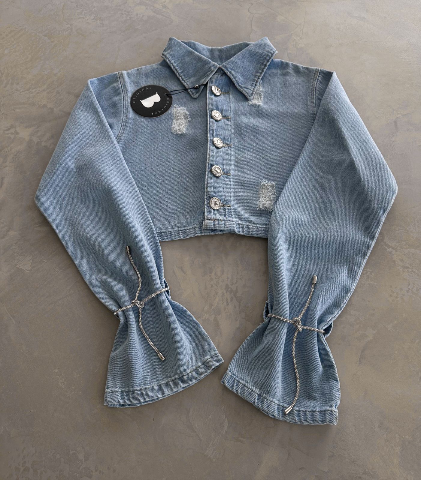 MYBUBU JAQUETA JEANS COM STRASS E CORDO