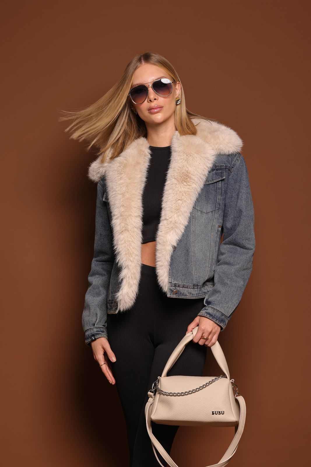 MYBUBU JAQUETA JEANS COM PELO REMOVVEL