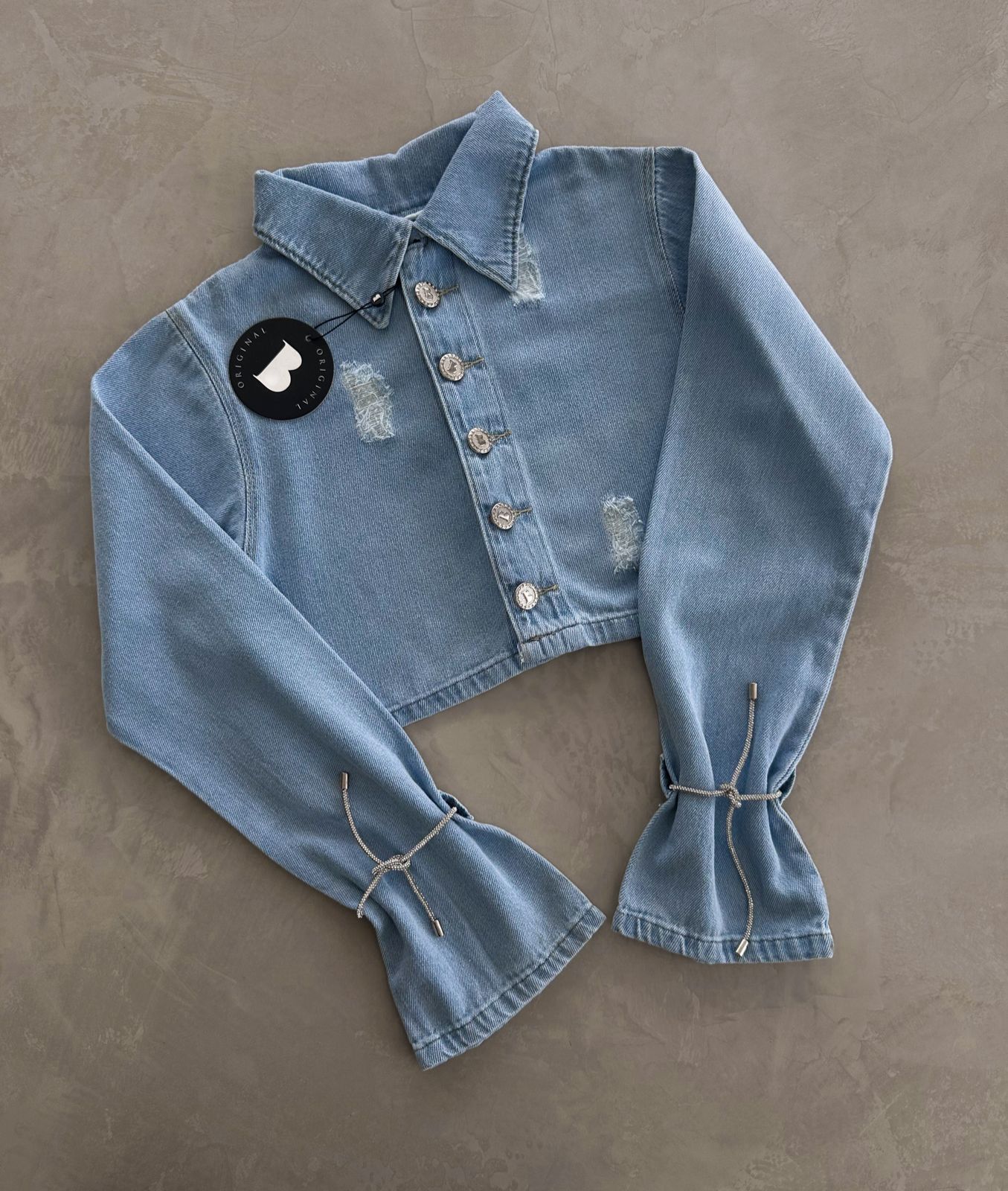 MYBUBU JAQUETA JEANS COM STRASS E CORDO